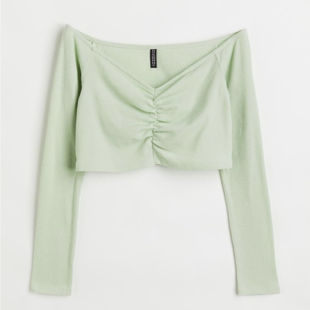 NWT H&M Divided Ruched‎ Off-the-Shoulder Crop Top in Mint Green - XL